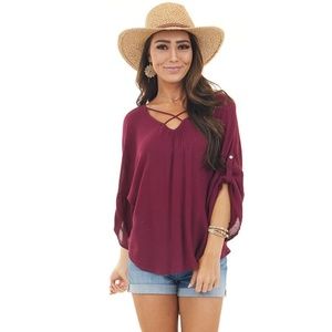Maroon 3/4 Sleeve Top with Open Back and X Neckline